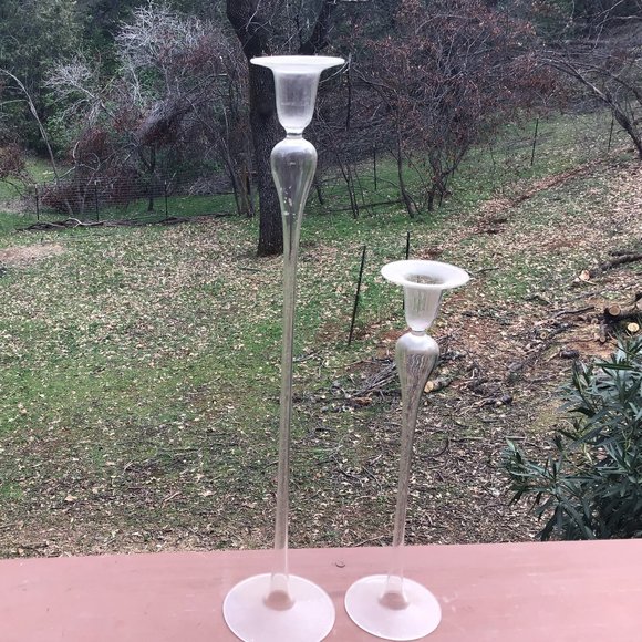 Two Beautiful Extra Tall Hand Blown Hollow Candle Sticks 17 1/2 & 11 3/4